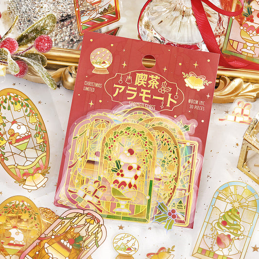 Pack of Christmas-themed stickers with decorative designs on a festive background.