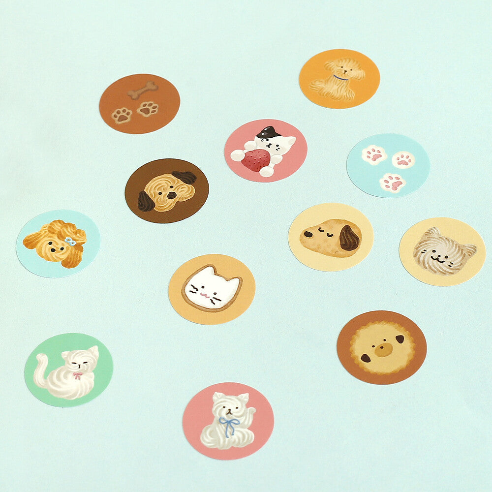 Illustrations of dogs and cats in various poses on a light blue background