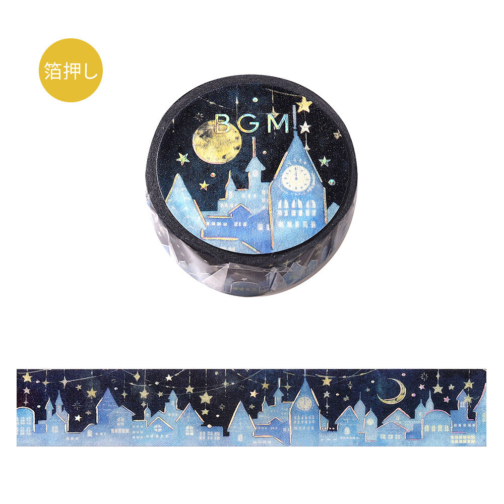 Decorative tape with castle and moon design on a white background