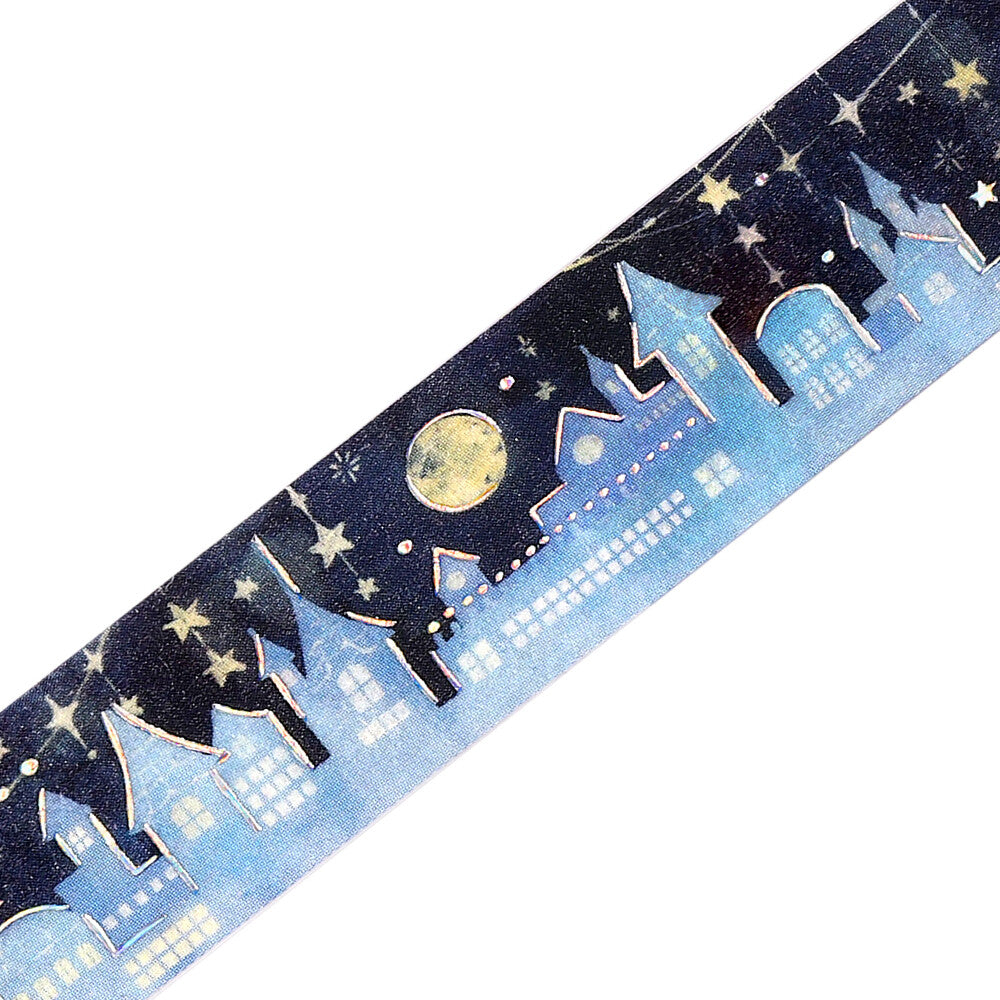 Decorative tape with night sky design featuring houses and moon on a white background