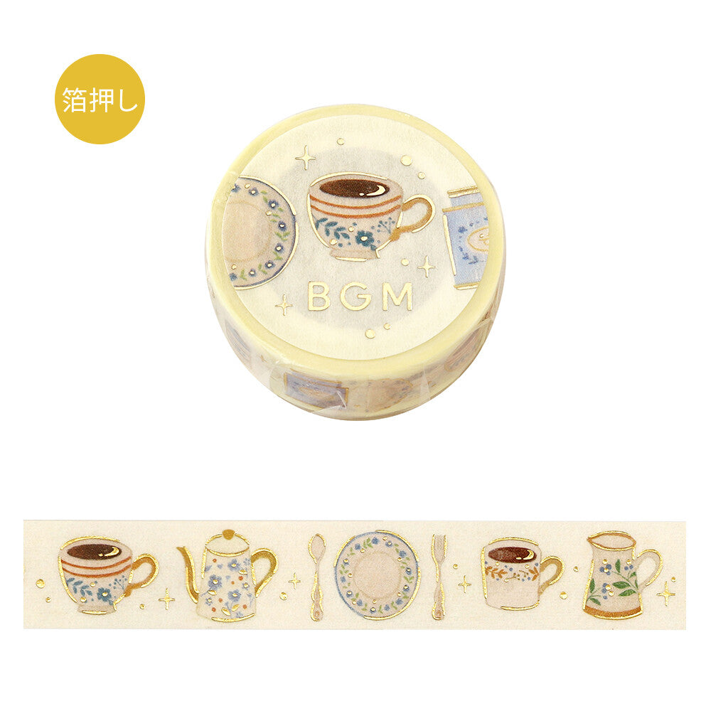 Decorative washi tape with tea cup and related illustrations on a white background