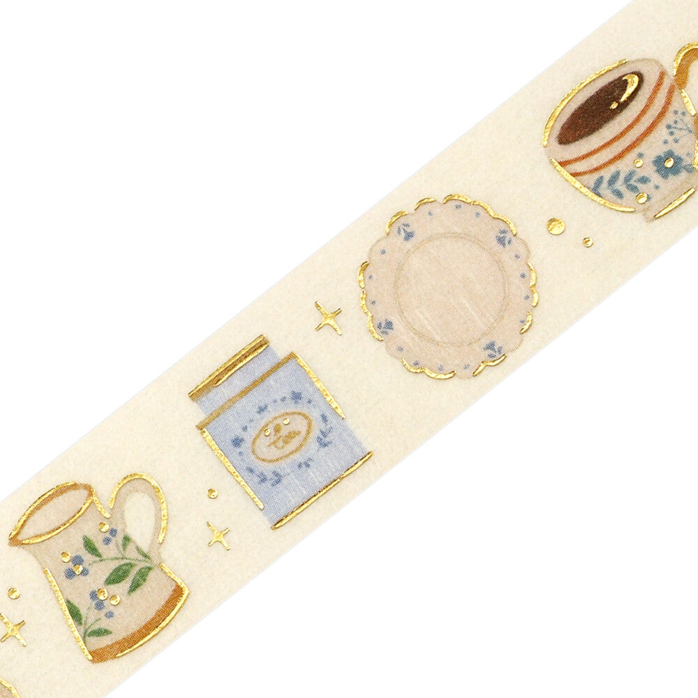 Decorative tape with tea cup and saucer designs on a beige background