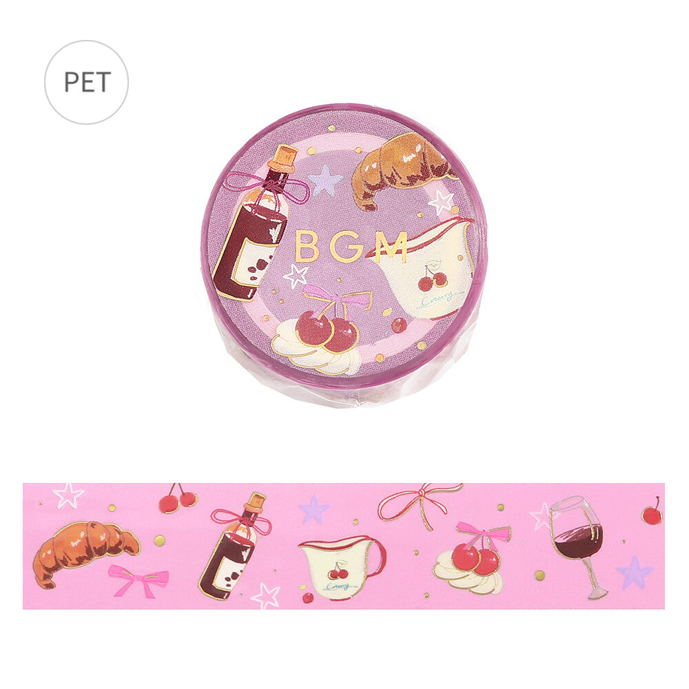 Round pink container with cartoon designs and 'BGM' text on a white background