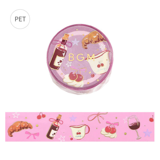 Round pink container with cartoon designs and 'BGM' text on a white background