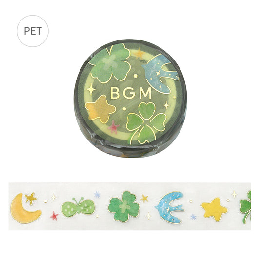 Decorative washi tape with 'BGM' and decorative elements on a white background
