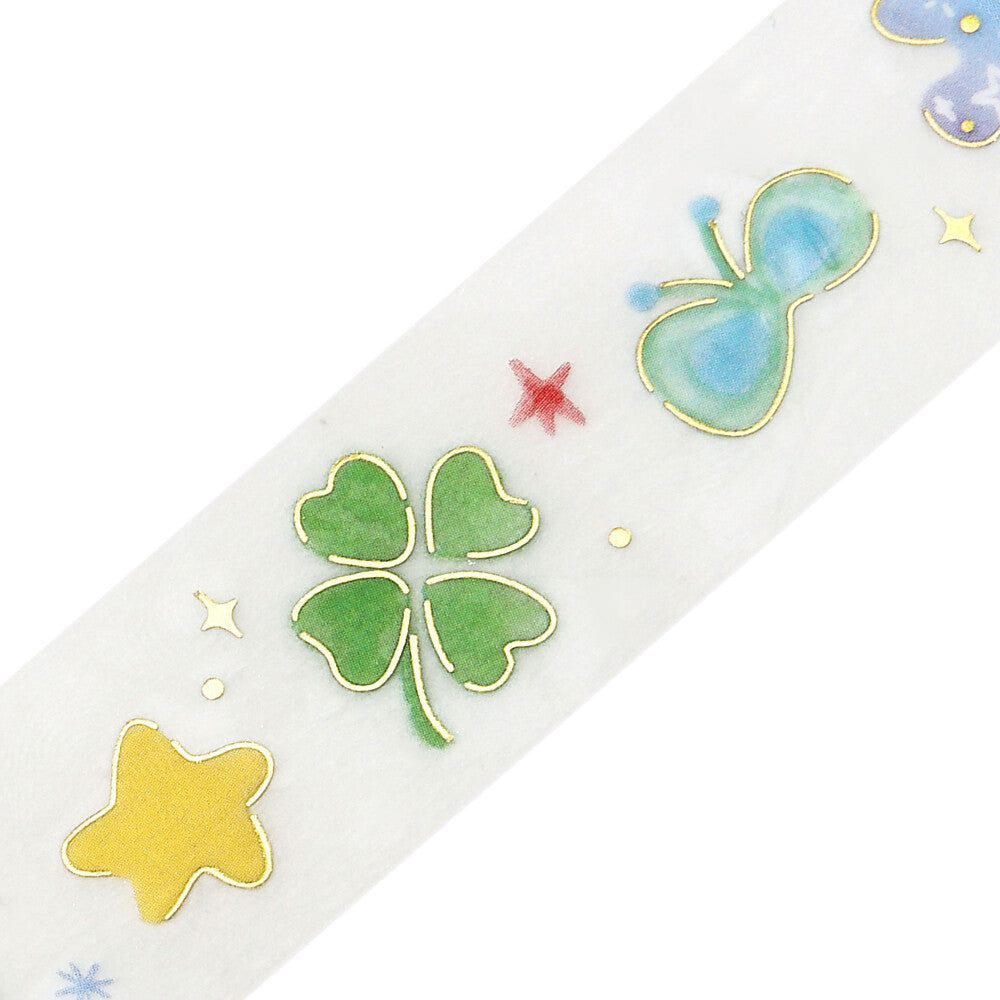 Decorative strip with green four-leaf clover, yellow star, and blue butterfly on a white background