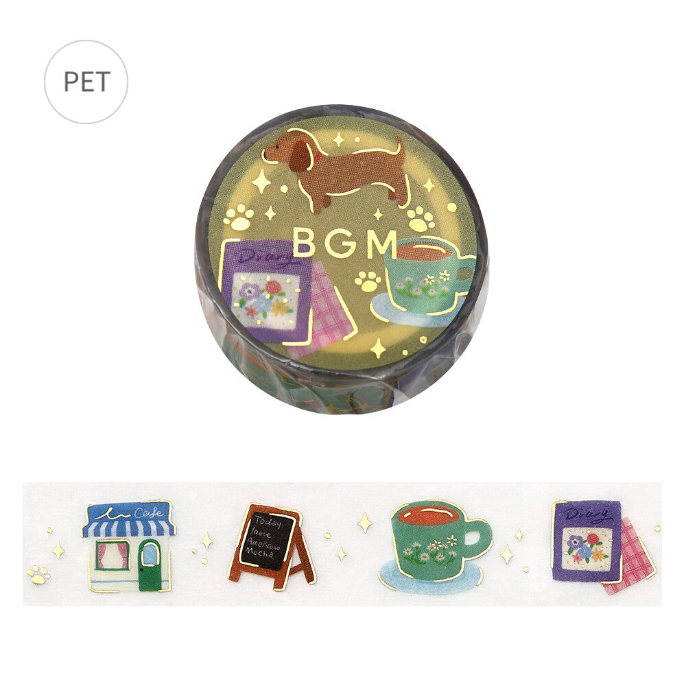 Decorative washi tape with cartoon illustrations and text on a white background
