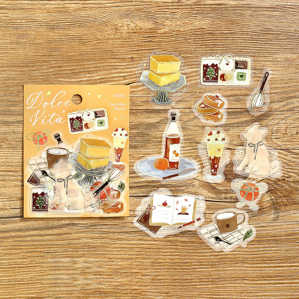Sticker set with food illustrations on a wooden surface