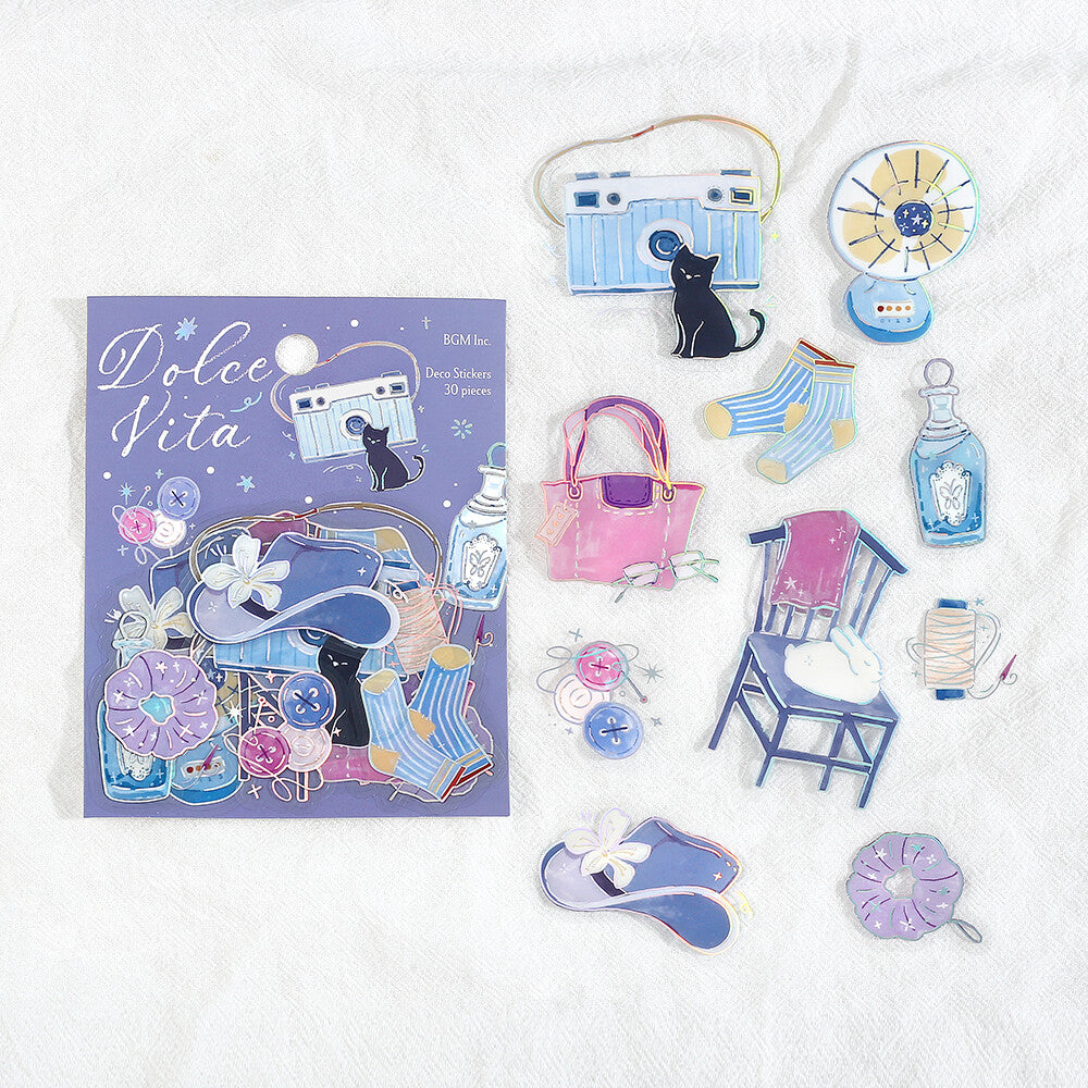 Sticker set with 'Dolce Vita' album cover and various cute illustrations on a white background