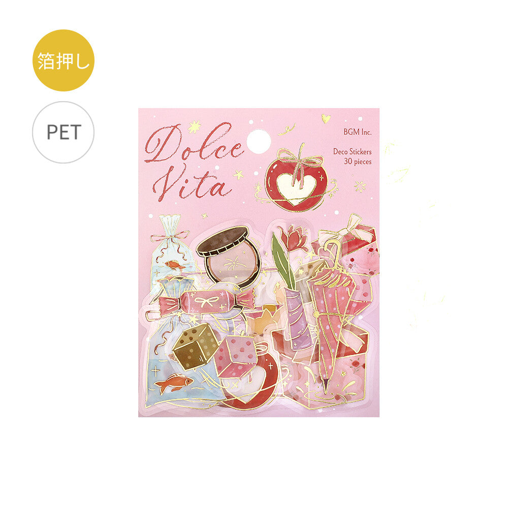 Pack of decorative stickers with 'Dolce Vita' design on a pink background