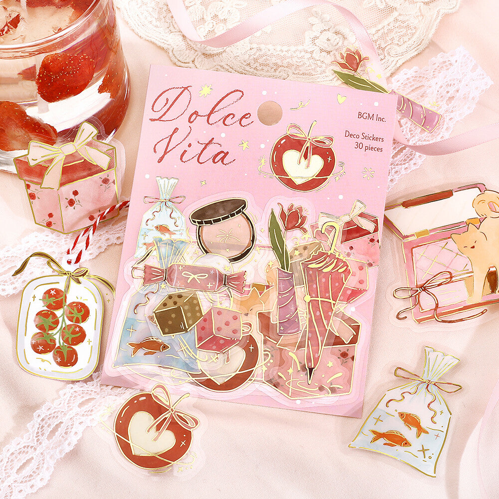 Pack of 'Dolce Vita' deco stickers with illustrations on a decorative background.