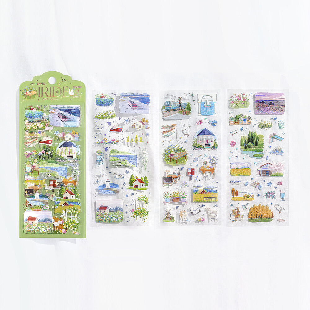 Set of illustrated stickers with a green packaging sleeve on a white background