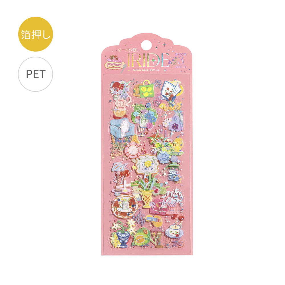 Pack of colorful stickers with various designs on a pink background