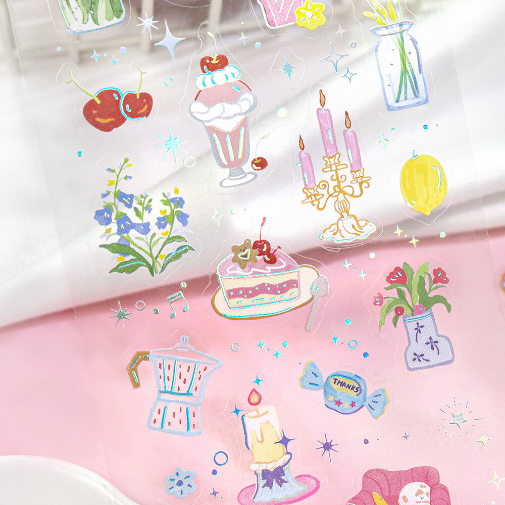 Colorful stickers with various designs on a pink background