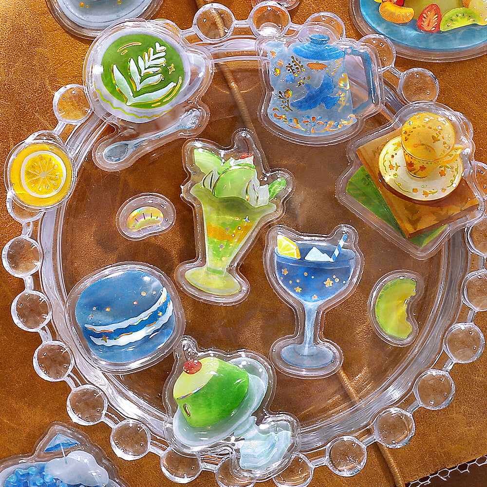 Decorative set of small dishes with colorful food illustrations on a brown background
