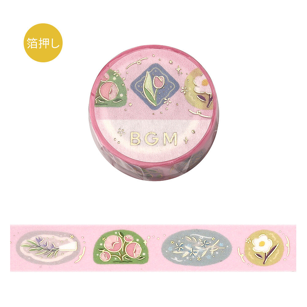 Decorative tape with floral designs and 'BGM' text on a pink background