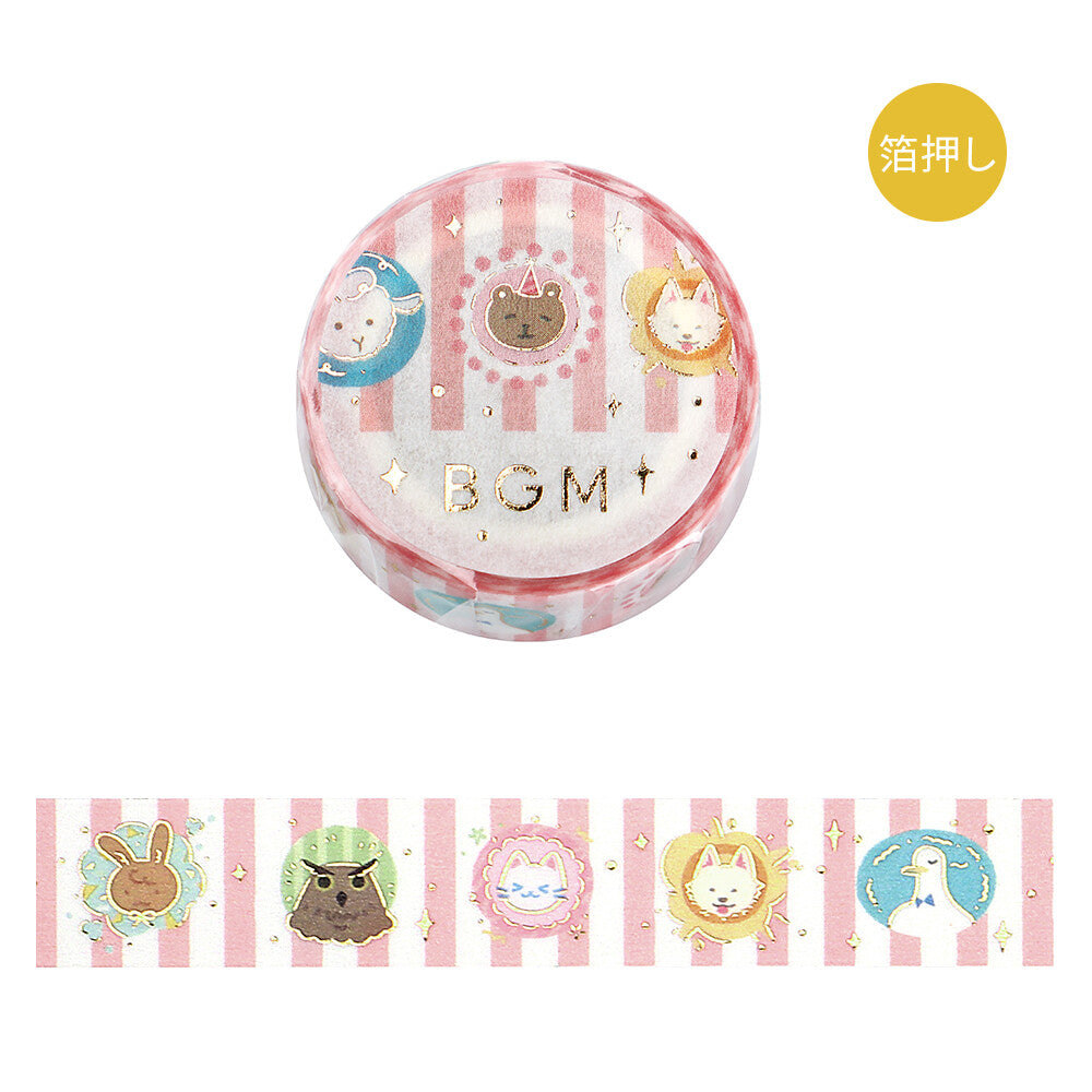 Washi tape with cartoon animal designs and 'BGM' text on a white background