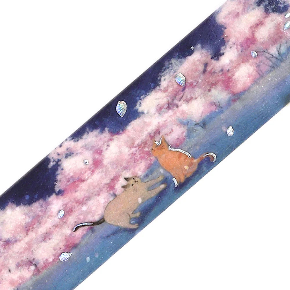 Decorative paper strip with cats and cherry blossoms on a white background