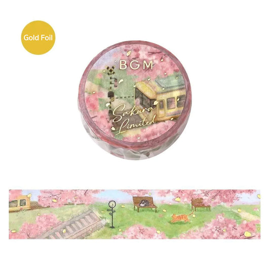 Washi tape featuring a train along a Sakura Tree lined park on a white background
