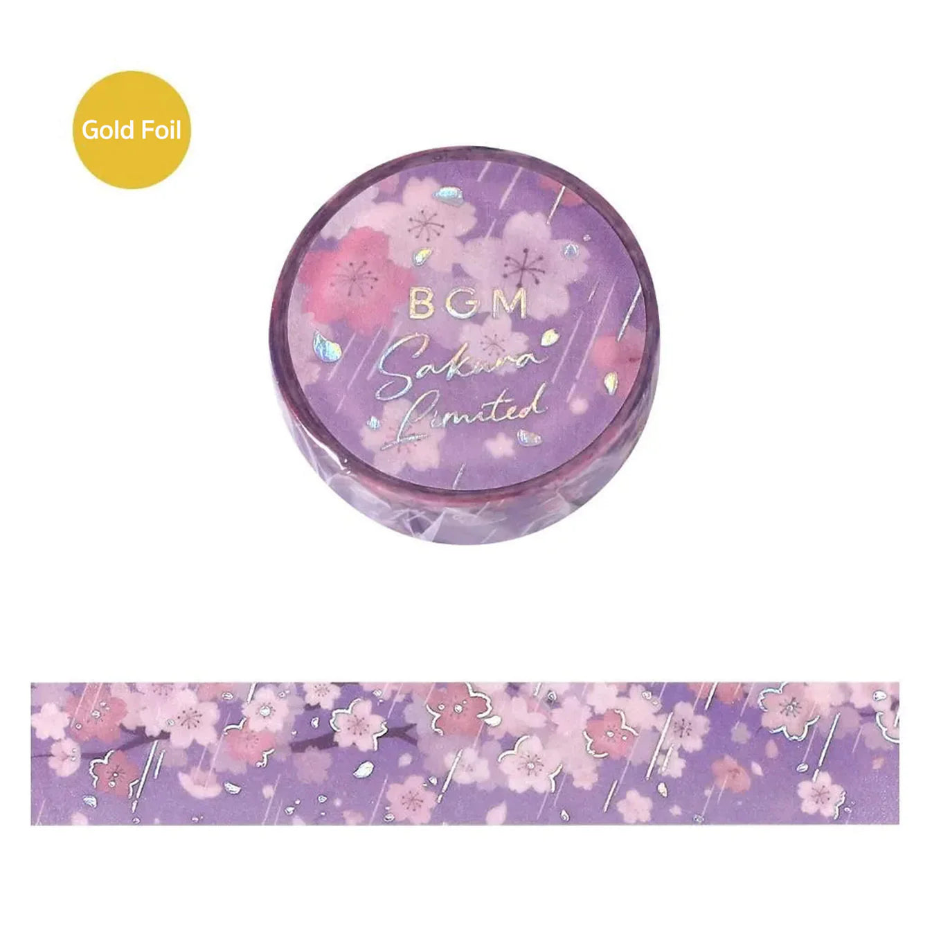 Washi roll featuring purple cherry blossom flowers on a white background