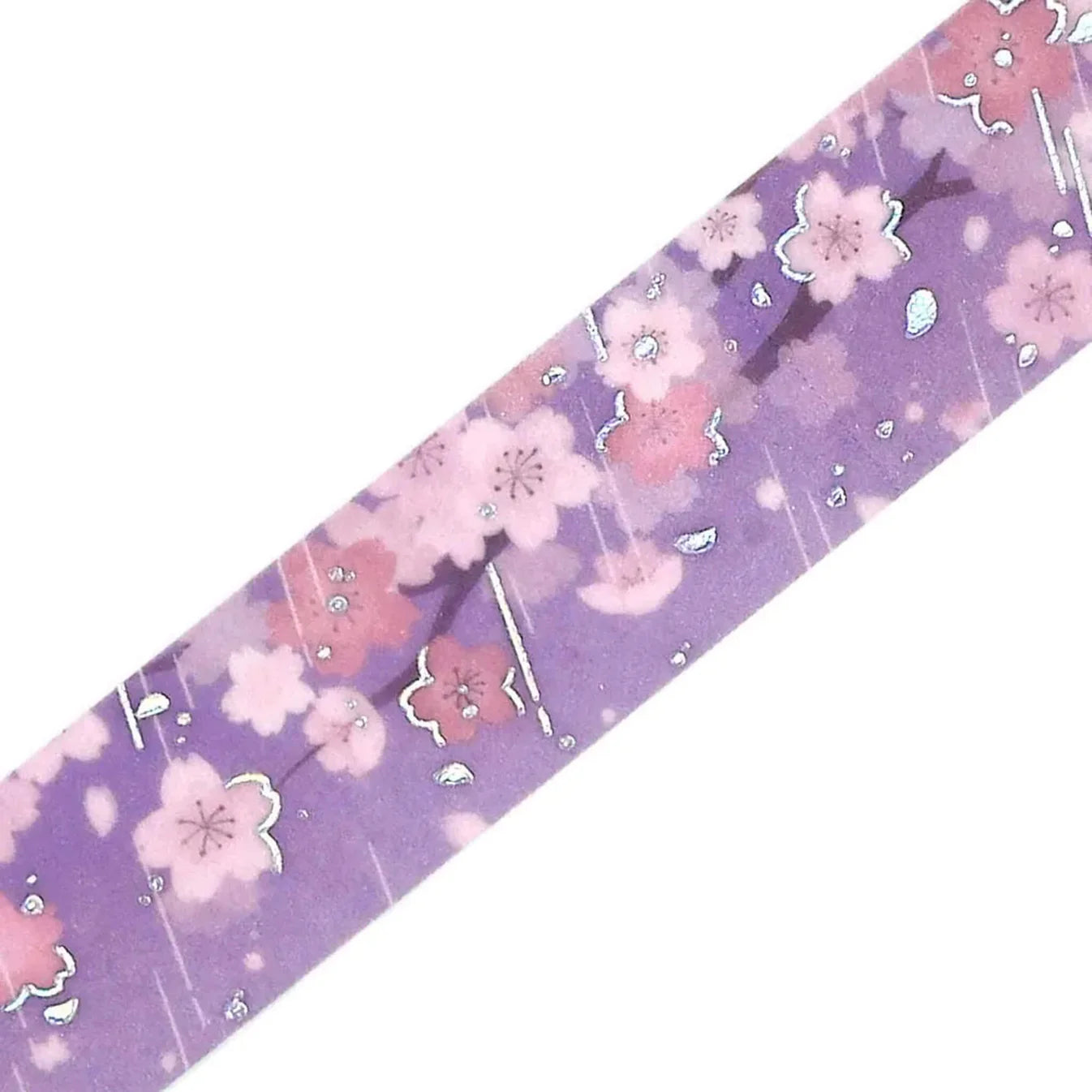 Washi strip featuring purple cherry blossoms on white background