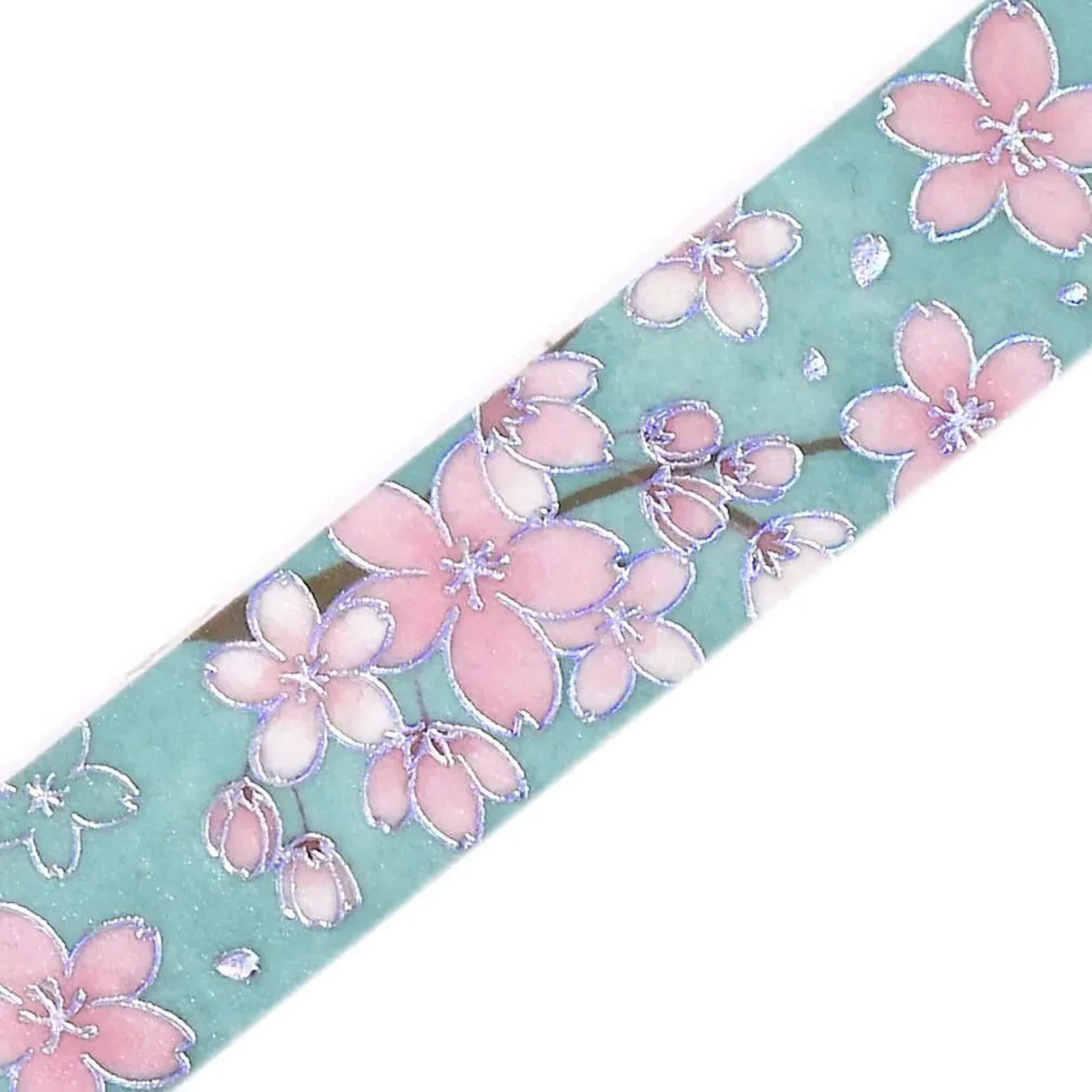 Washi tape loop featuring clusters of cherry blossom tape of white background