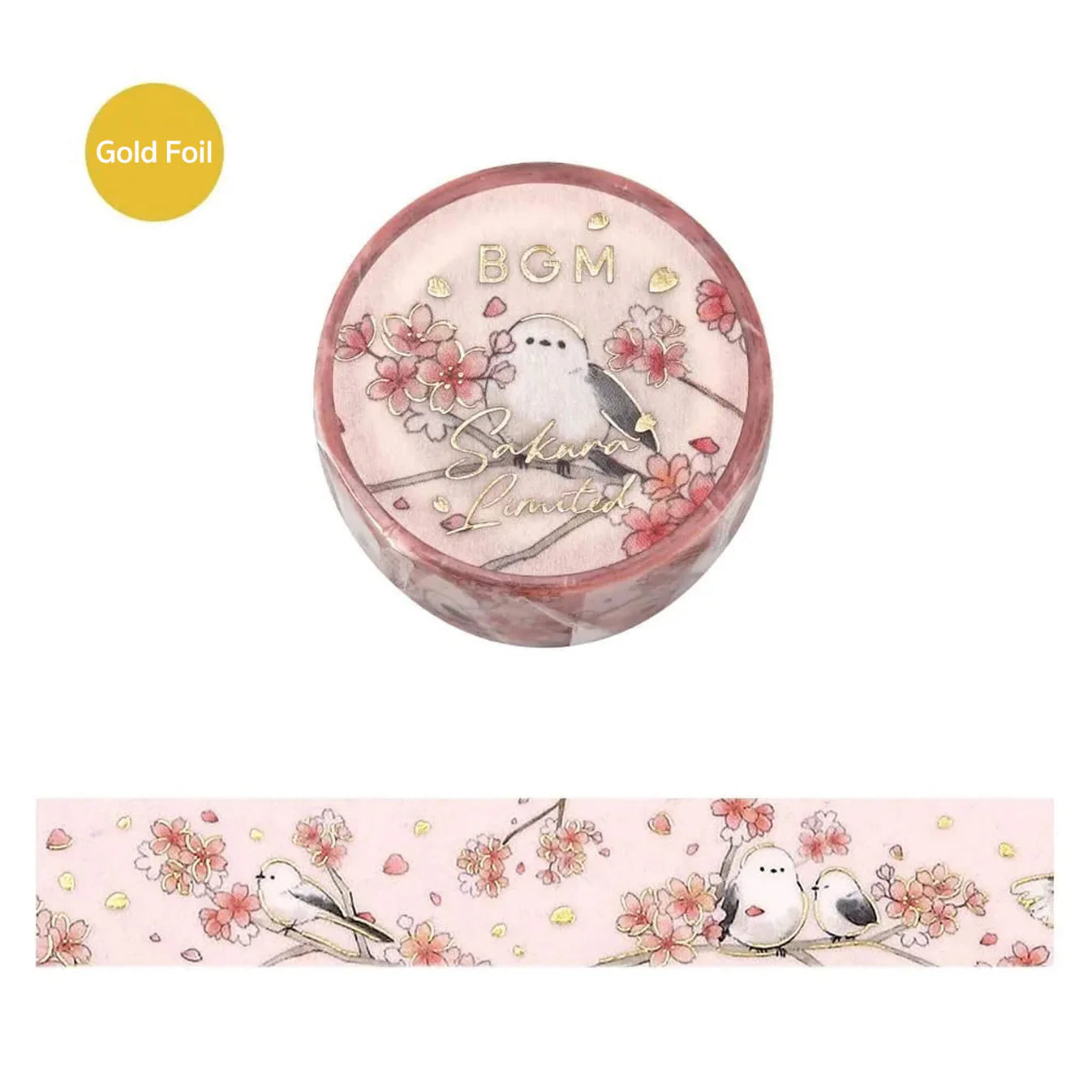Round washi tape with bird and floral design, featuring the brand 'BGM'.