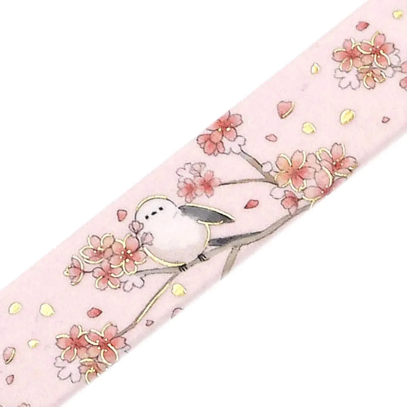 Decorative tape with cherry blossoms and a bird on a pink background