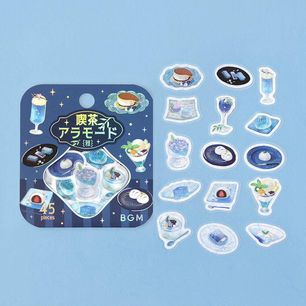 Sticker set with food and drink illustrations on a blue background