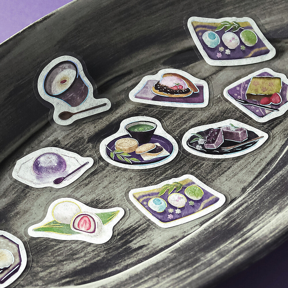Sticker set of food illustrations on a textured surface