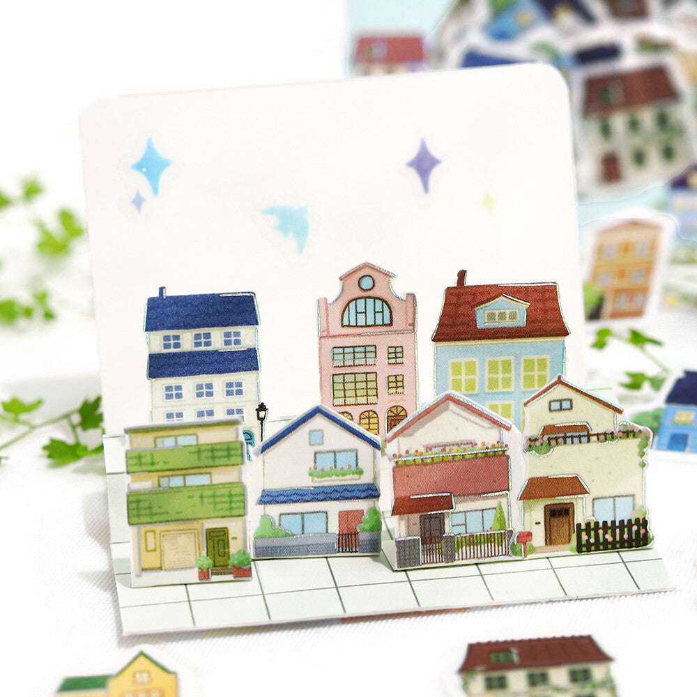 Stickers of houses used to decorate a diorama
