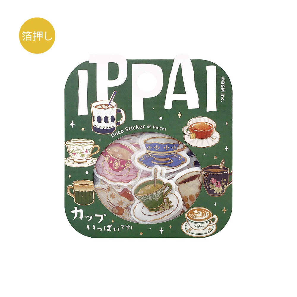 Packaging of IPPAI Deco Stickers featuring illustrations of cups and saucers on a green background.
