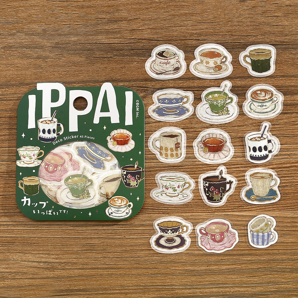 Set of cup-themed stickers on a wooden surface with 'IPPA' branding.