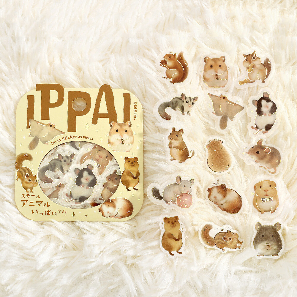 Packet of small animals in a sticker package on a white background with stickers next to the package