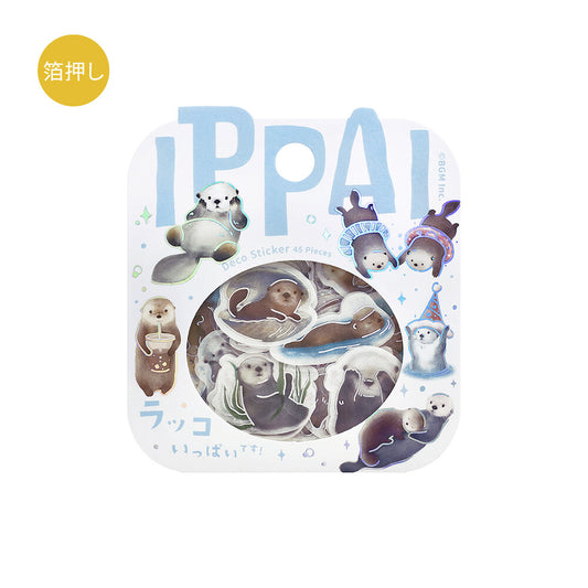 Sticker set with cartoon seals in various poses on a white background