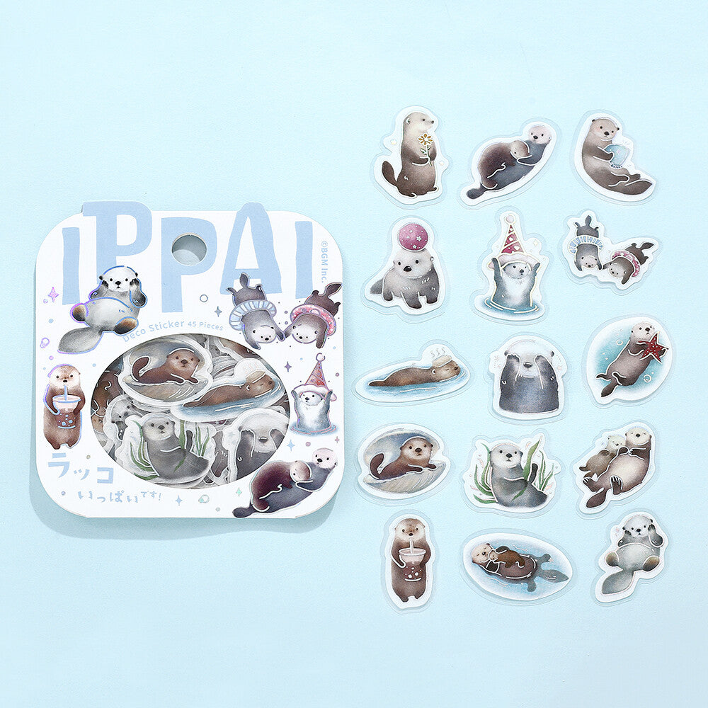 Set of cute otter-themed stickers on a light blue background