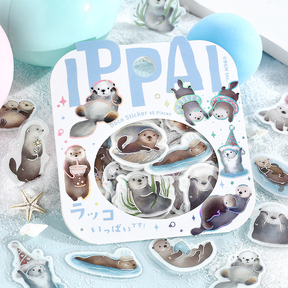 Sticker set with cute animal designs on a blue and white background
