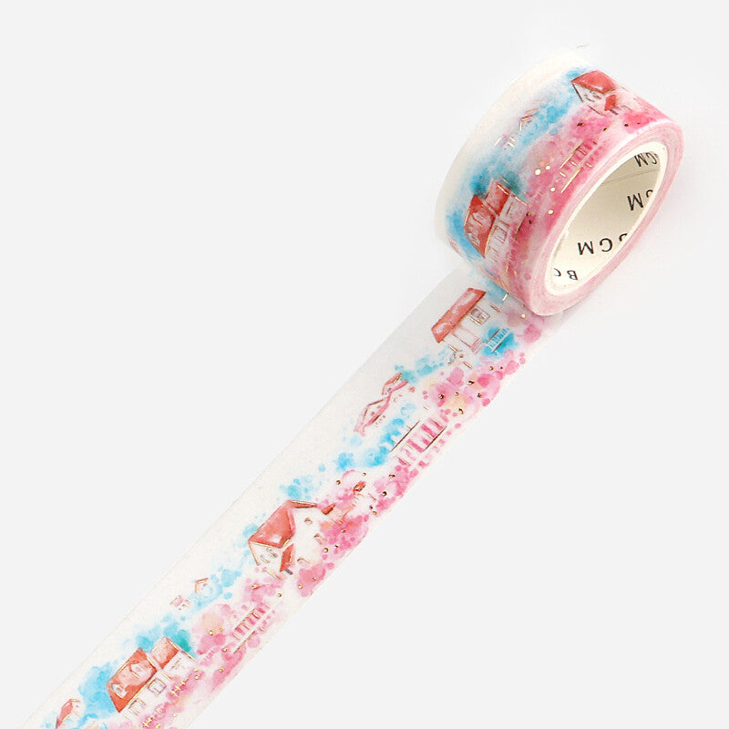 BGM - Washi tape, watercolor town villa, pink, gold foil, product