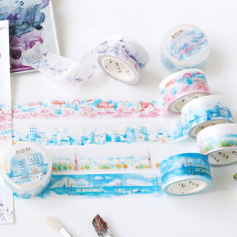 BGM - Washi tape, watercolor town villa, pink, gold foil, designs