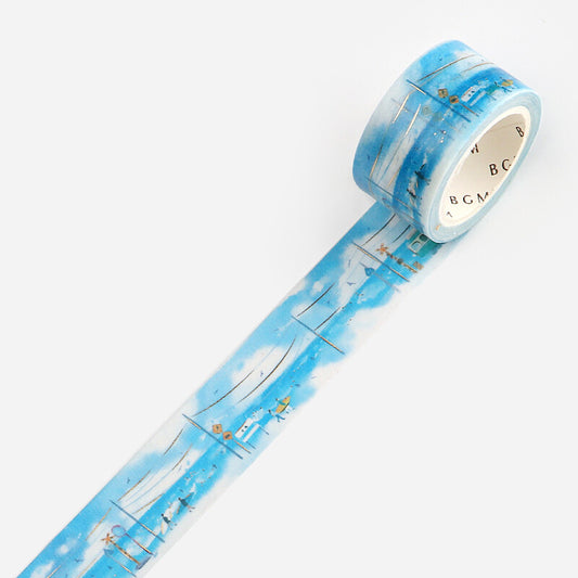 BGM - Washi tape, watercolor town coastal, blue, gold foil, product