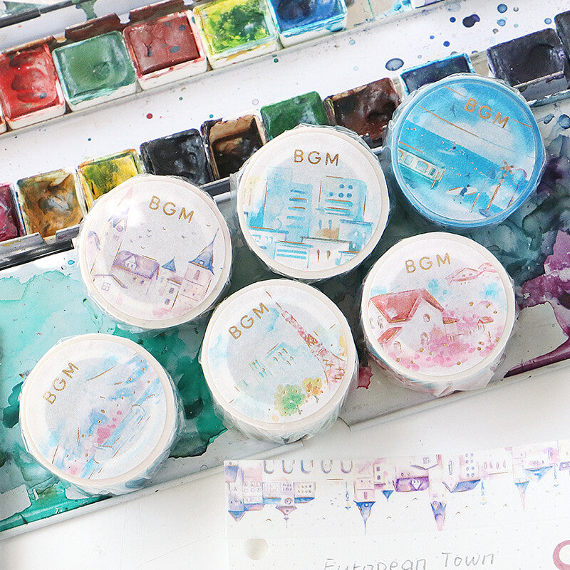 BGM - Washi tape, watercolor town coastal, blue, gold foil, collection