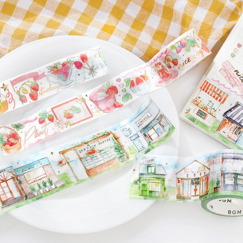 BGM - Washi tape, picnic strawberry LIFE, gold foil, illustrations