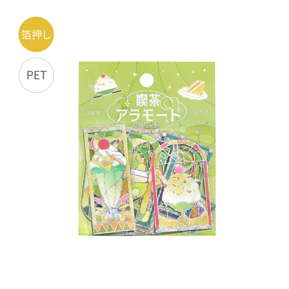 BGM - PET sticker flakes, Coffee a la mode, stained glass green, silver foil, front 
