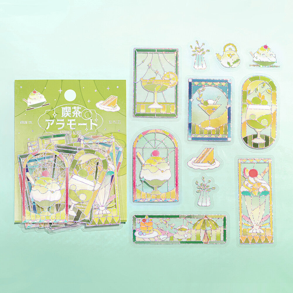 BGM - PET sticker flakes, Coffee a la mode, stained glass green, silver foil, green design