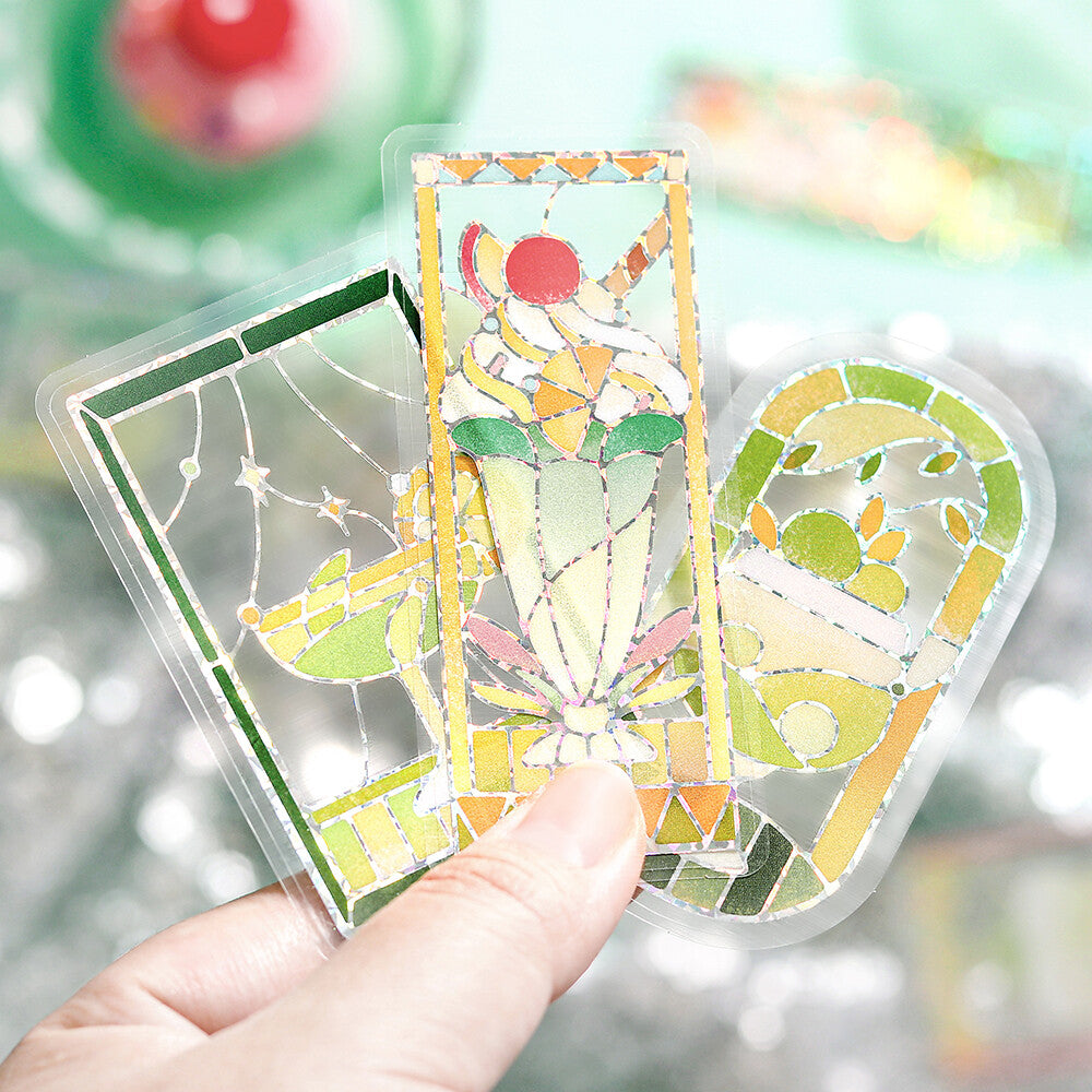 BGM - PET sticker flakes, Coffee a la mode, stained glass green, silver foil, decoration