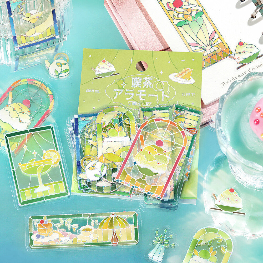 BGM - PET sticker flakes, Coffee a la mode, stained glass green, silver foil, front product