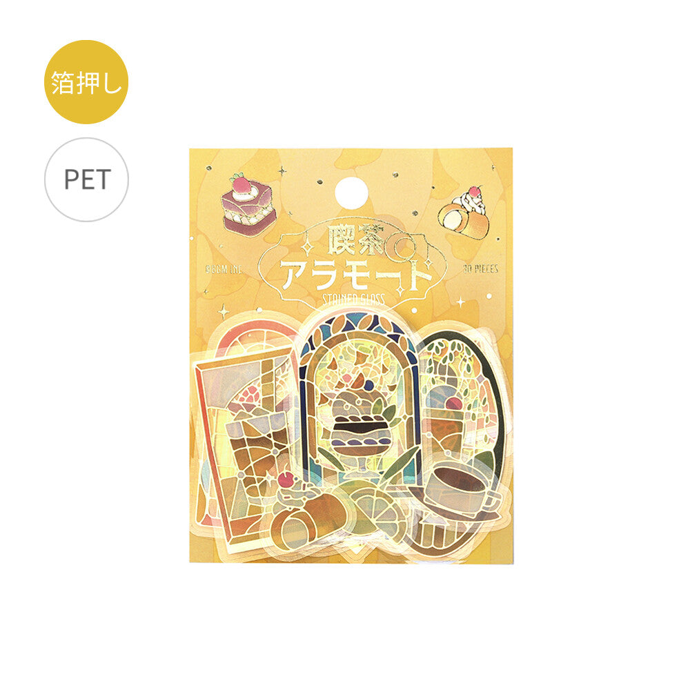 BGM - PET sticker flakes, Coffee a la mode, stained glass yellow, gold foil, product front