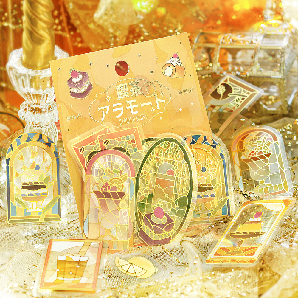 BGM - PET sticker flakes, Coffee a la mode, stained glass yellow, gold foil, decoration