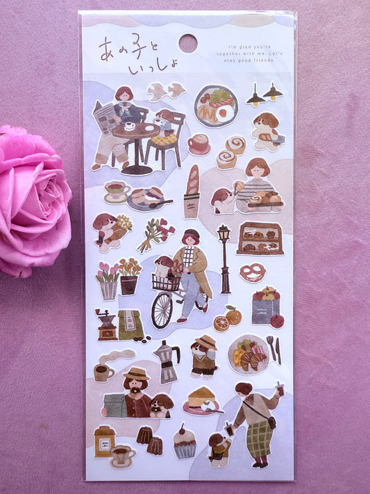 Sheet of decorative stickers with illustrations on a purple background