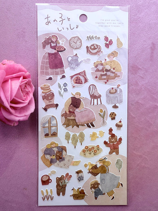 Sticker sheet with illustrations of a girl, teddy bear, and various objects on a pink background.